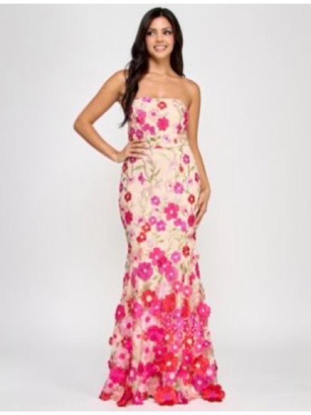 Strapless Pink Floral Appliqué Mermaid Gown